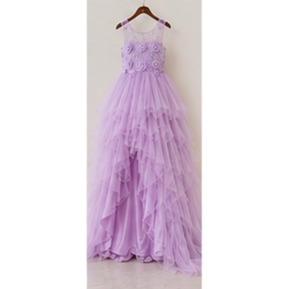 Girls Lavender High Low Flower Girl Dress Lace Tulle Pageant Wedding Train - Picture 5 of 9